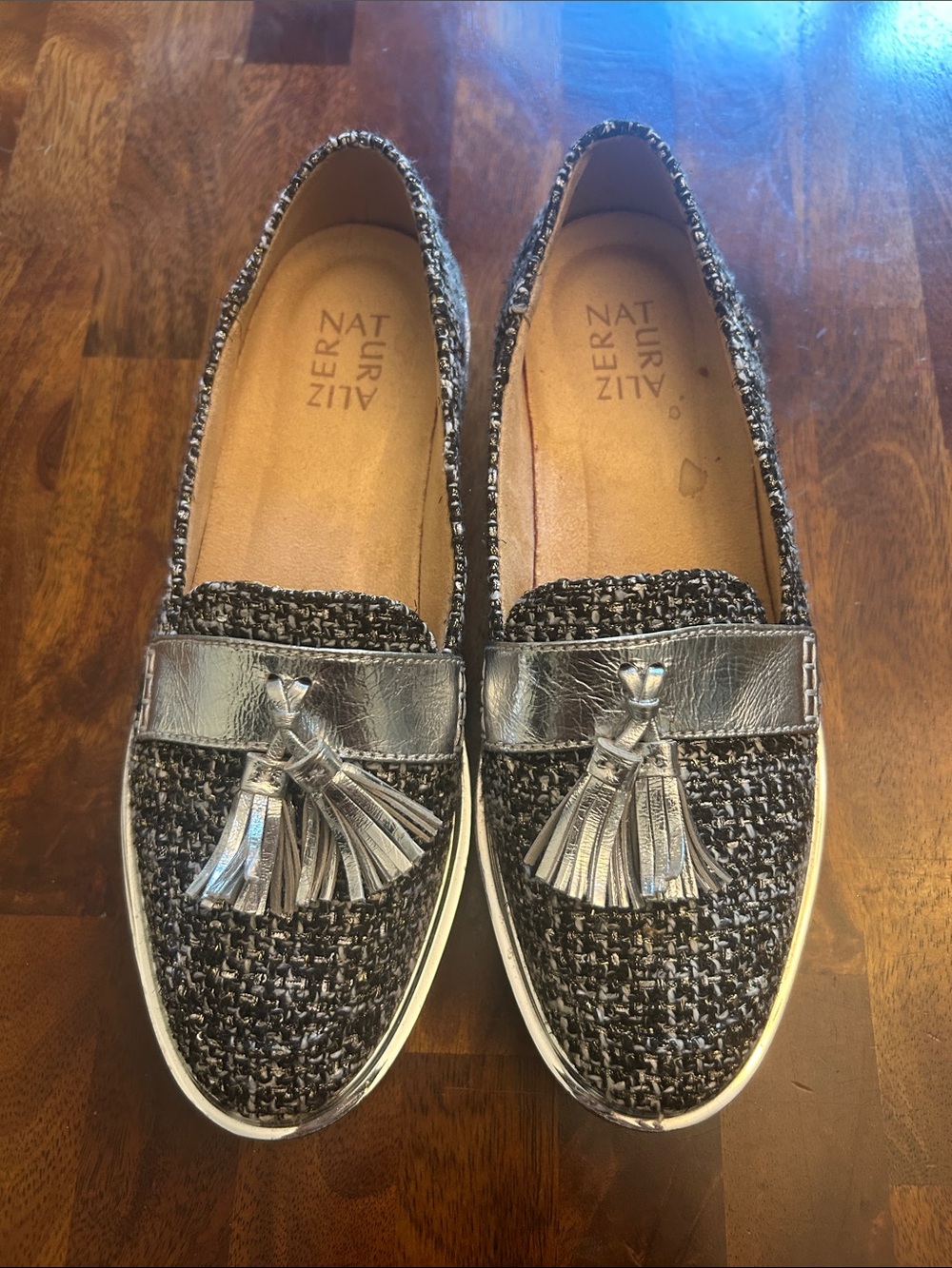 Naturalizer Silver & Black Tweed Tassel Loafers